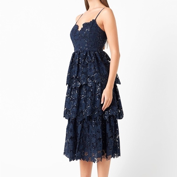 Endless Rose Womens Navy Floral Lace Tiered Sequin Midi Prom Dress size Medium - Picture 13 of 13